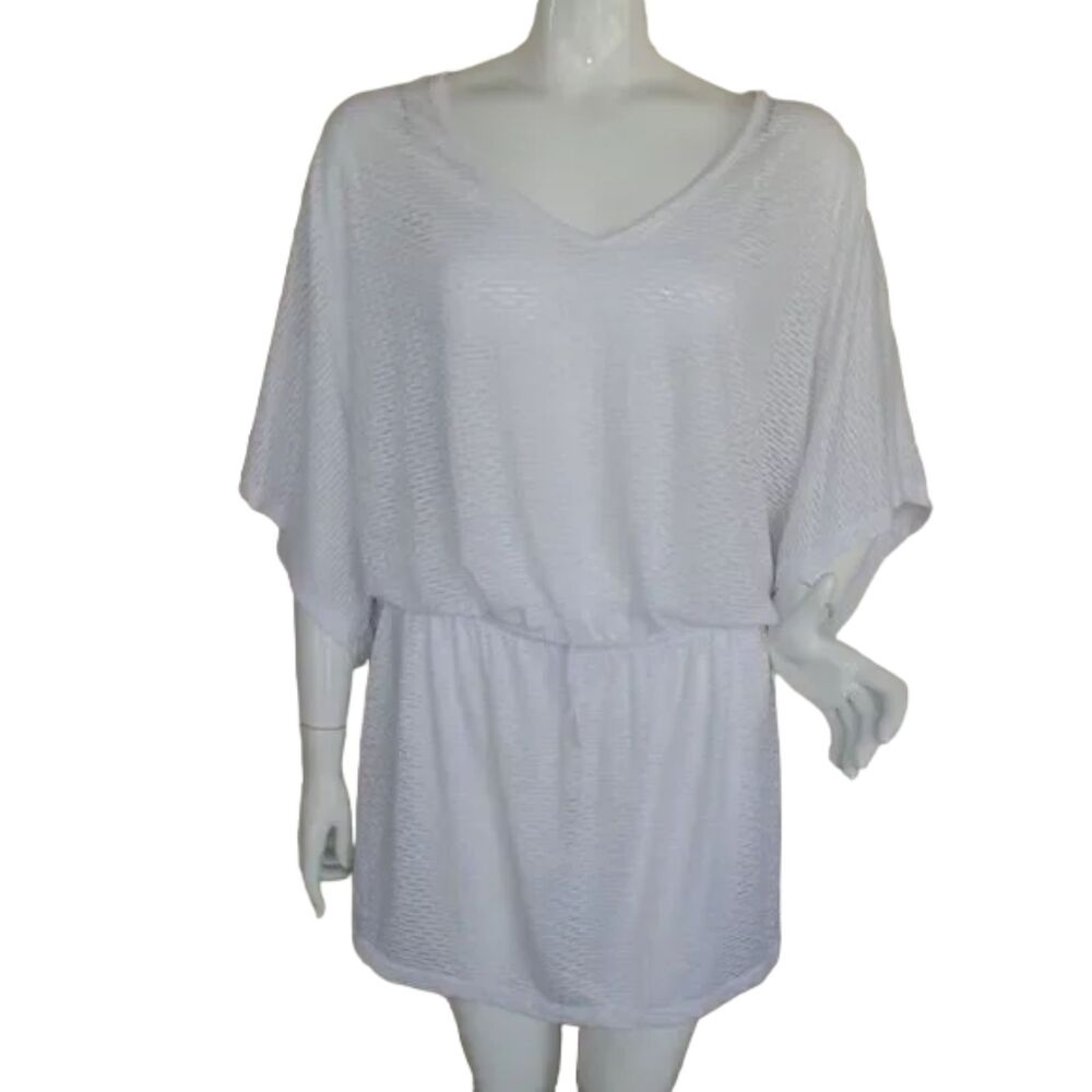 CATALINA Swim Cover, L, Semi-sheer, White, Wide sleeve, V-neck, Elastic waist